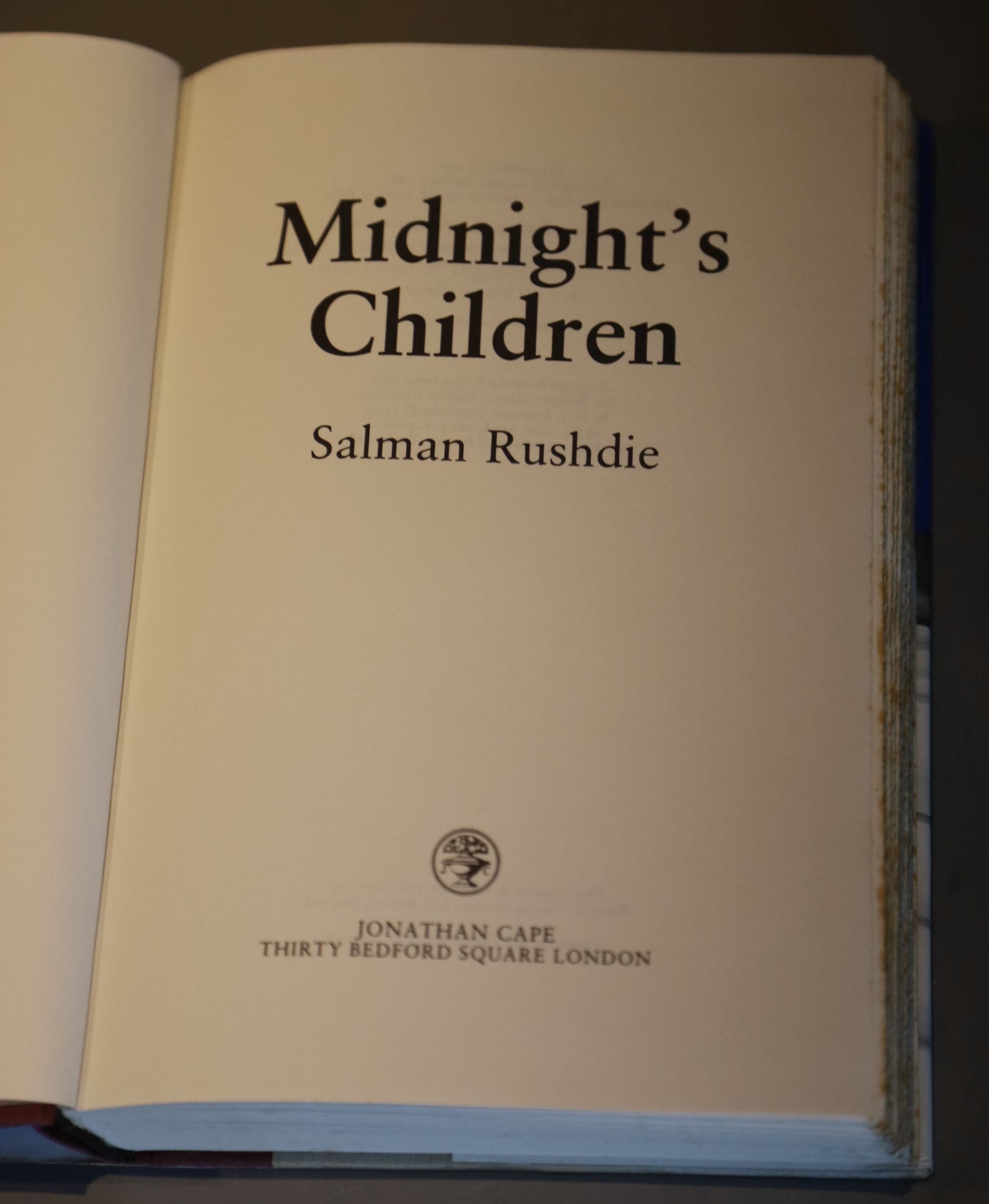 Rushdie, Salman - Midnights Children, 1st issue with the American sheets, in unclipped d.j., designed by Bill Botten, owners inscript